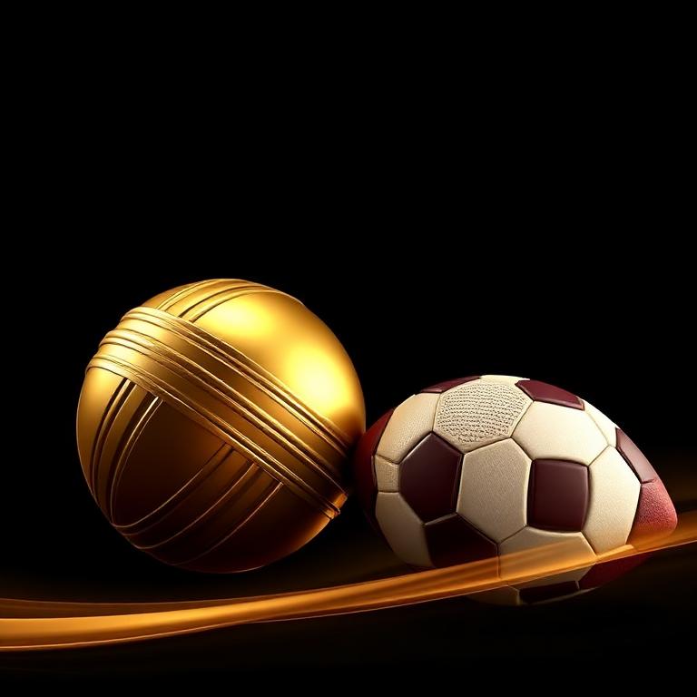 Golden cricket ball and football on a dark background, sports games thumbnail