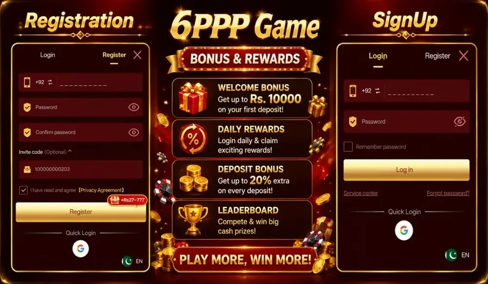 6PPP game registration and sign up screens showing login and register forms